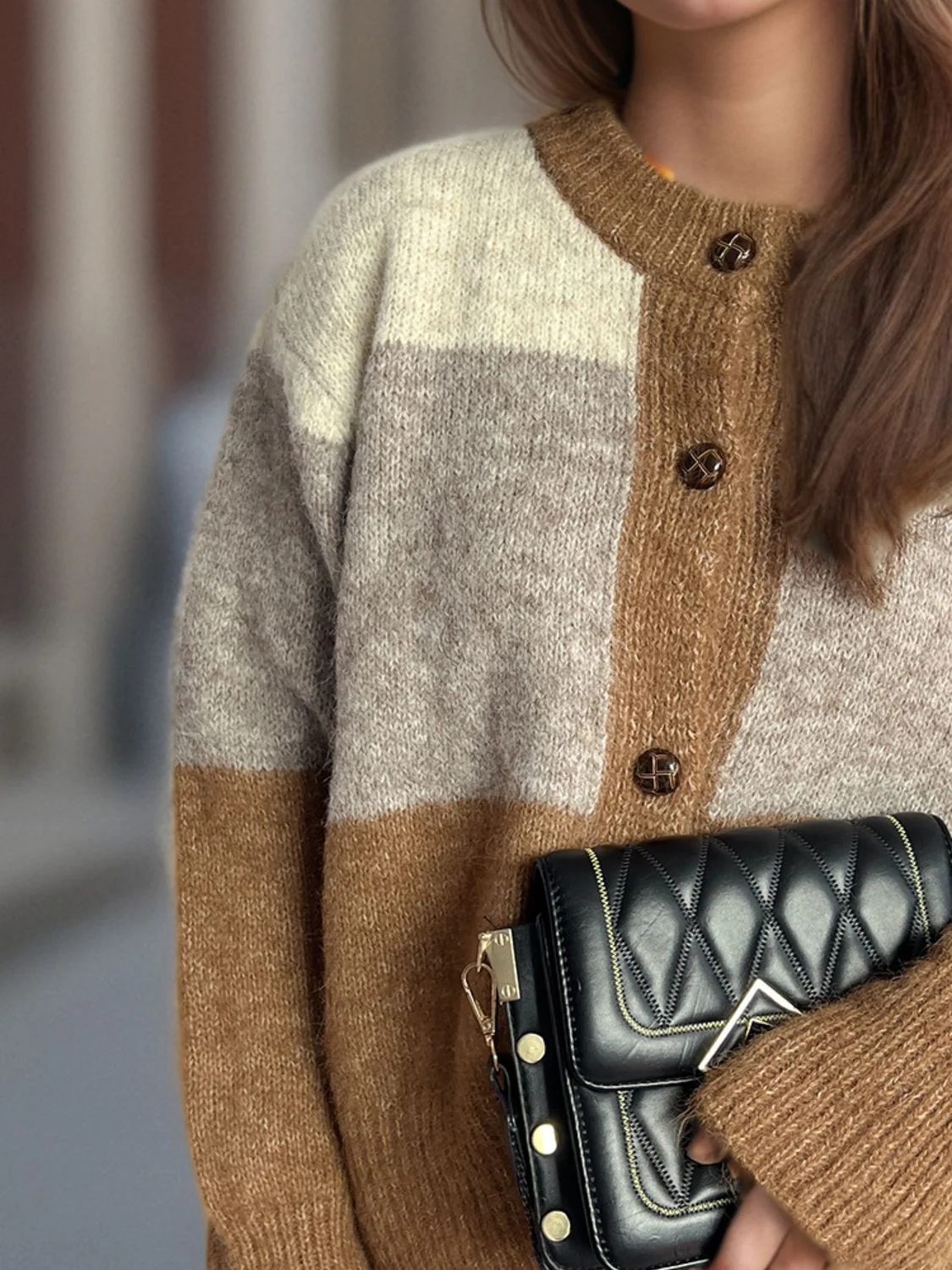 Color Block Round Neck Button Up Cardigan - Image 8