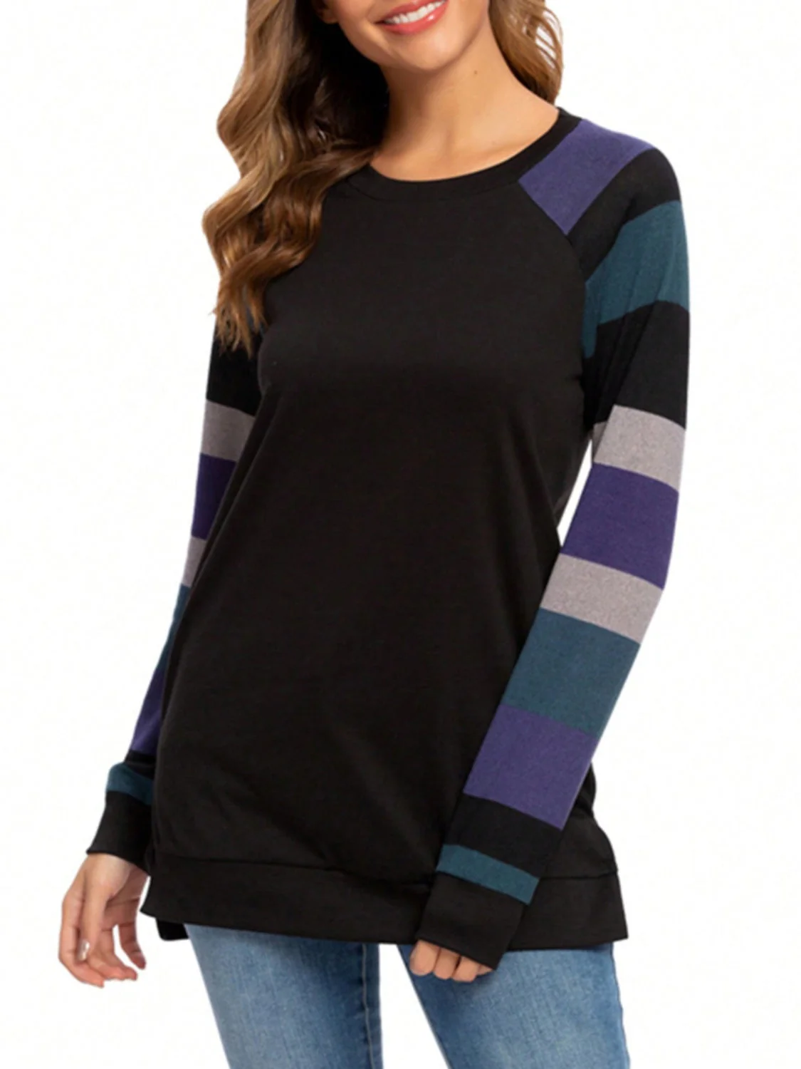 Color Block Round Neck Long Sleeve T-Shirt - Image 2