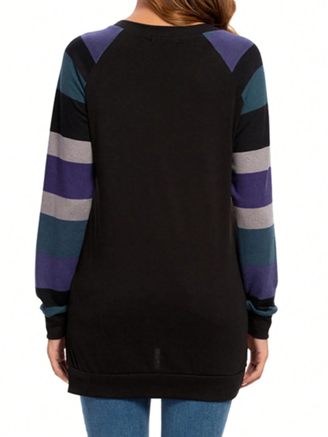 Color Block Round Neck Long Sleeve T-Shirt - Image 3