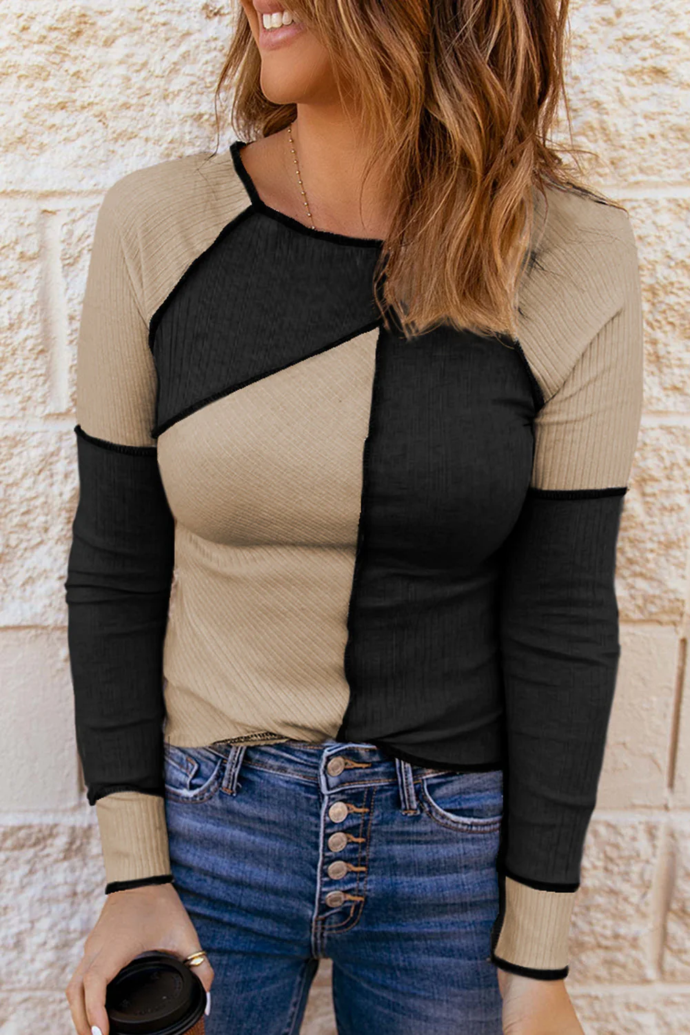 Color Block Round Neck Long Sleeve T-Shirt - Image 10