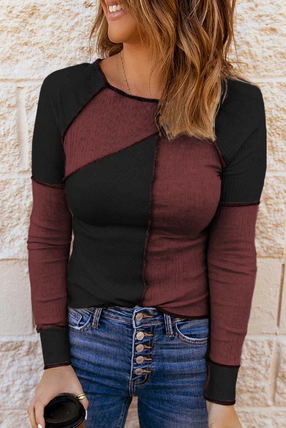 Color Block Round Neck Long Sleeve T-Shirt - Image 13