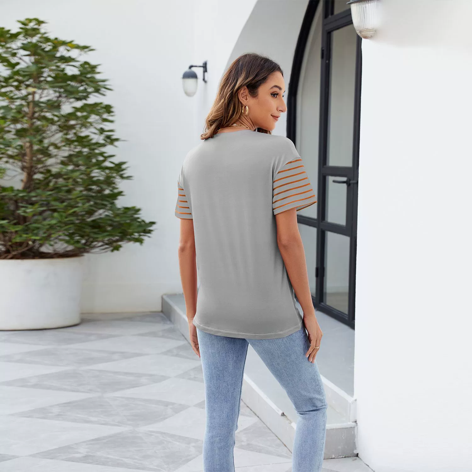 Color Block Round Neck Short Sleeve T-Shirt - Image 8