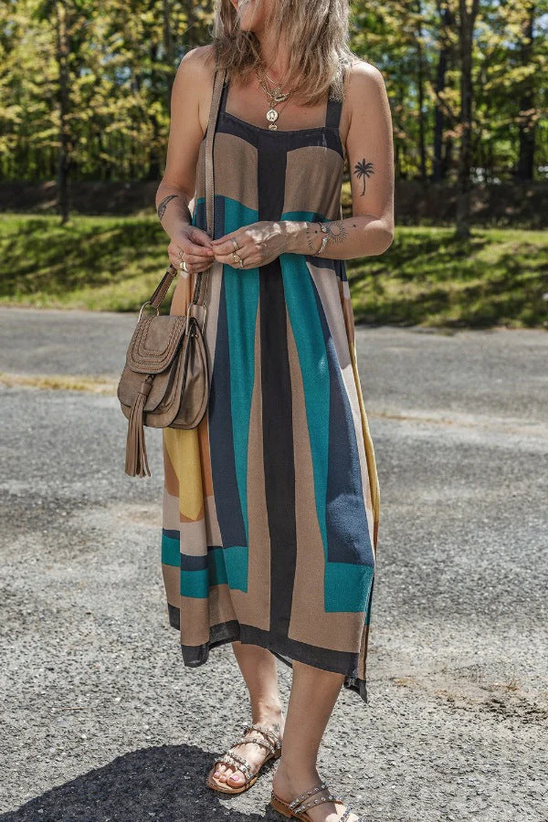 Color Block Square Neck Wide Strap Dress - Image 3
