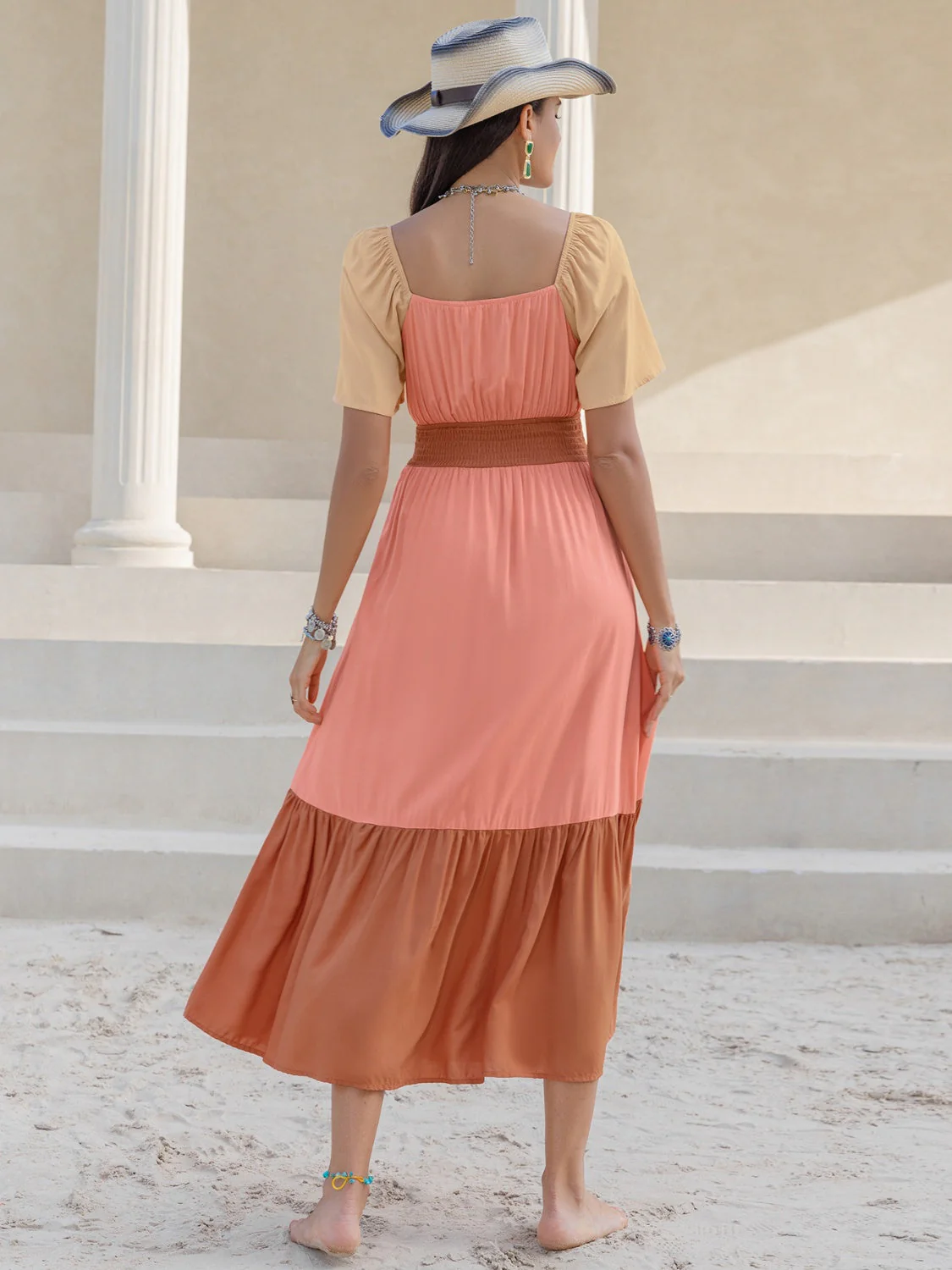 Color Block Tie Front Smocked Midi Dress - Image 2