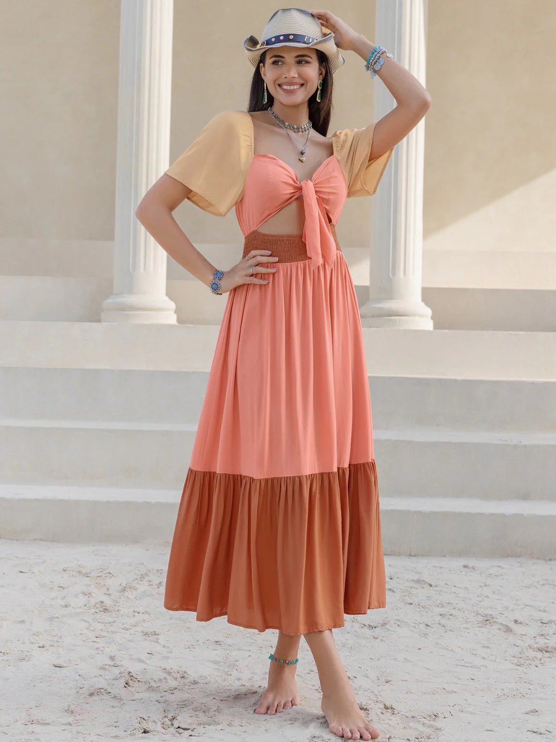 Color Block Tie Front Smocked Midi Dress - Image 4