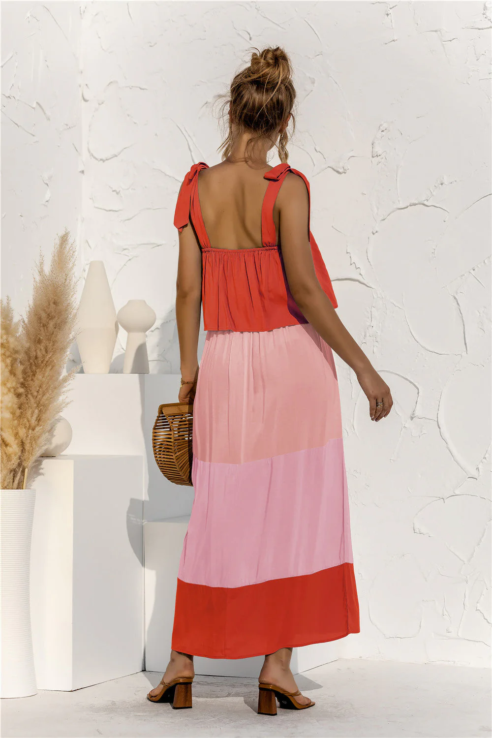 Color Block Tie Shoulder Tiered Sleeveless Dress - Image 2