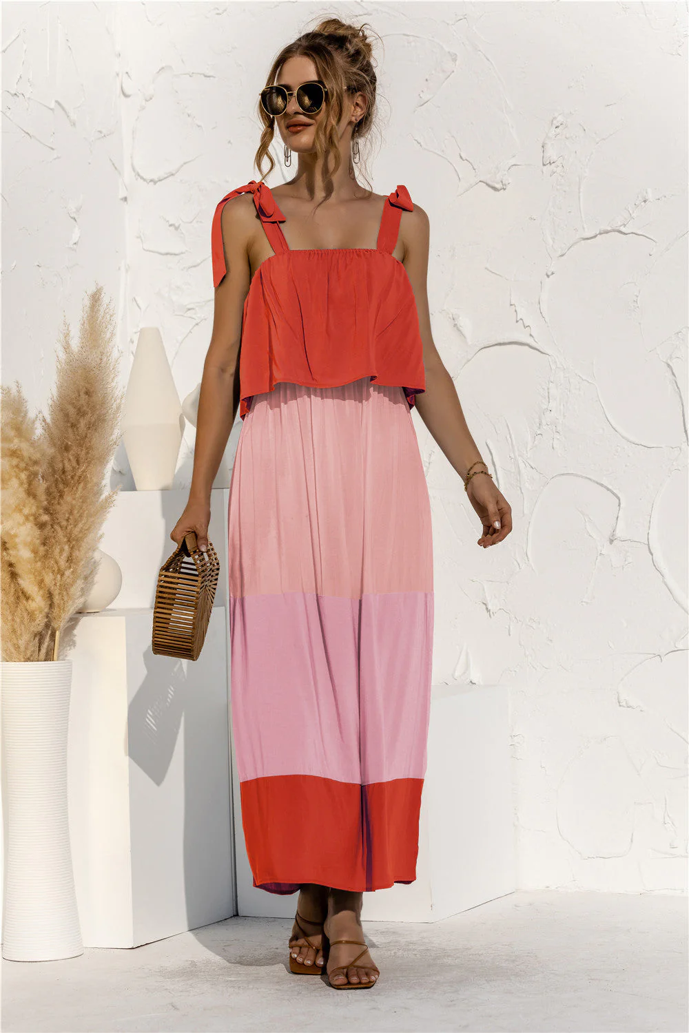 Color Block Tie Shoulder Tiered Sleeveless Dress - Image 3