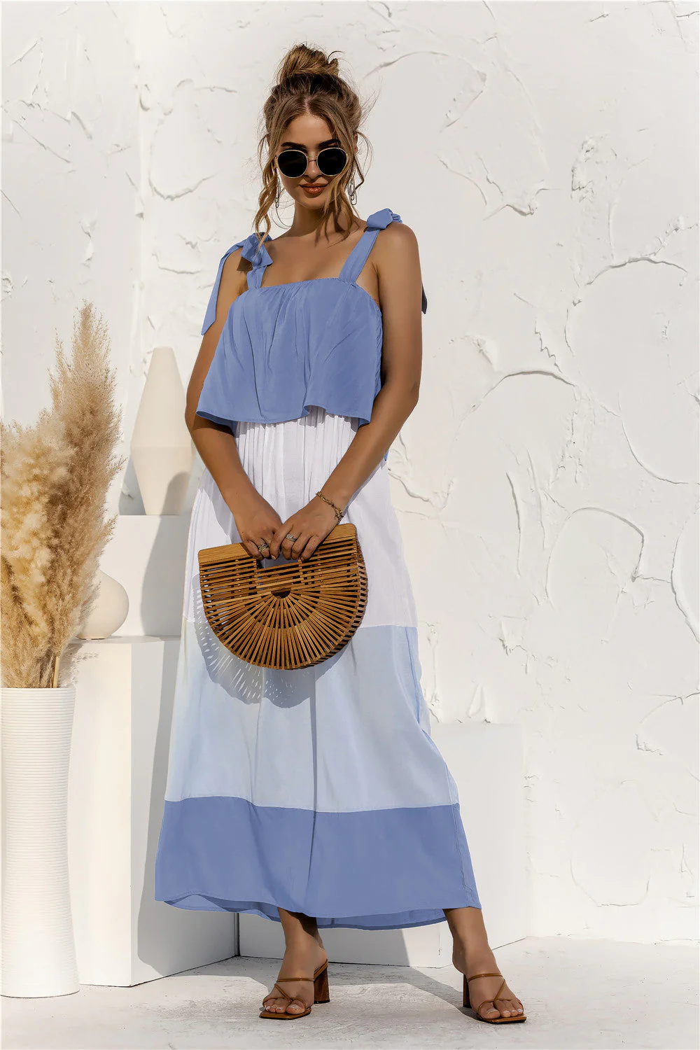 Color Block Tie Shoulder Tiered Sleeveless Dress - Image 4
