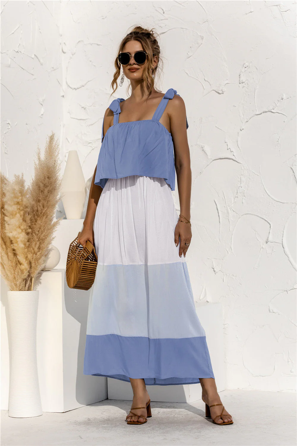 Color Block Tie Shoulder Tiered Sleeveless Dress - Image 5
