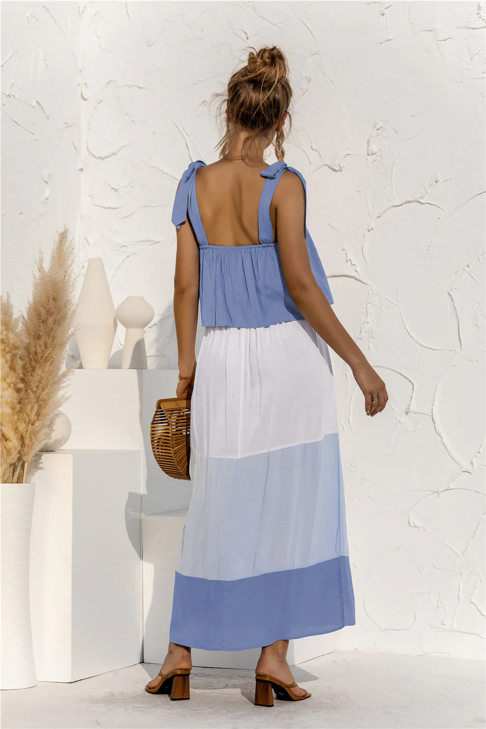 Color Block Tie Shoulder Tiered Sleeveless Dress - Image 6