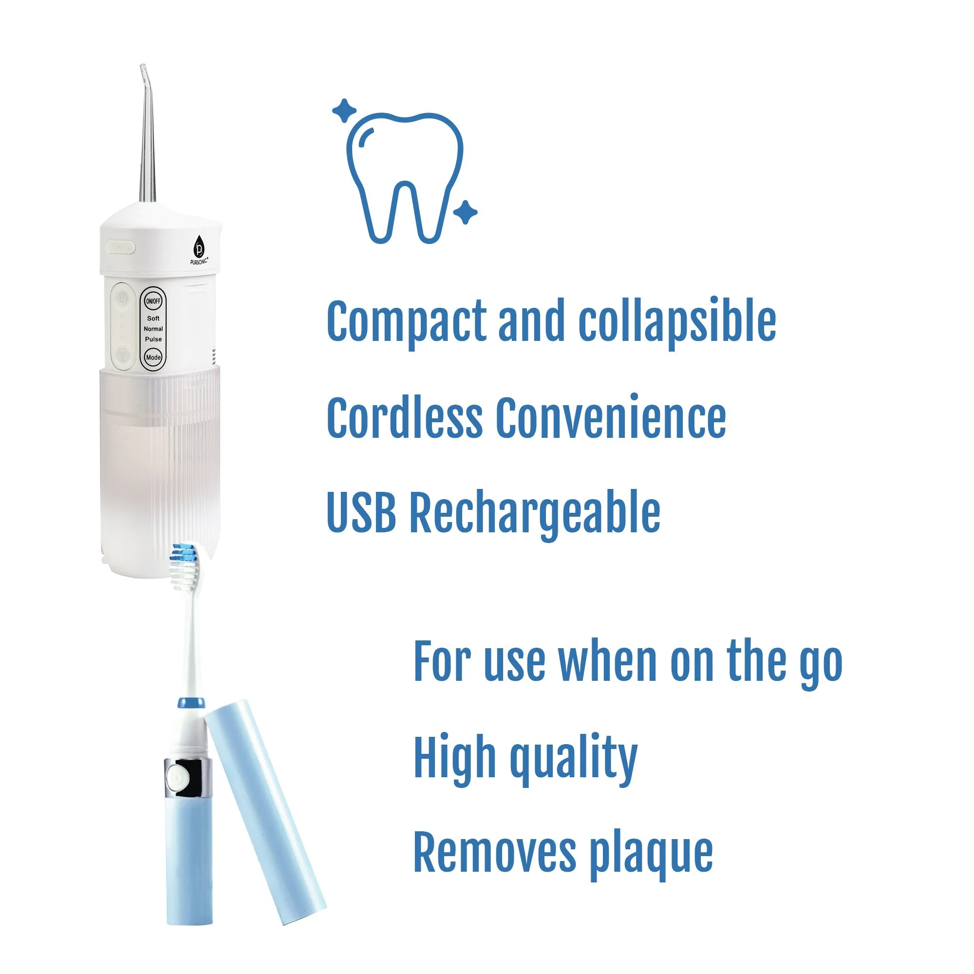 Compact Travel Oral Care Bundle: Portable USB Rechargeable Collapsible Water Flosser and Pursonic Portable Sonic Toothbrush by Pursonic - Image 2