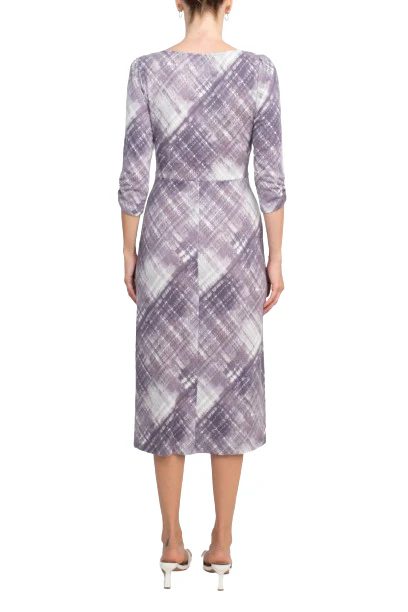 Connected Apparel Square Neck ¾ Sleeve Multi Print A-Line Knit Dress by Curated Brands - Image 3