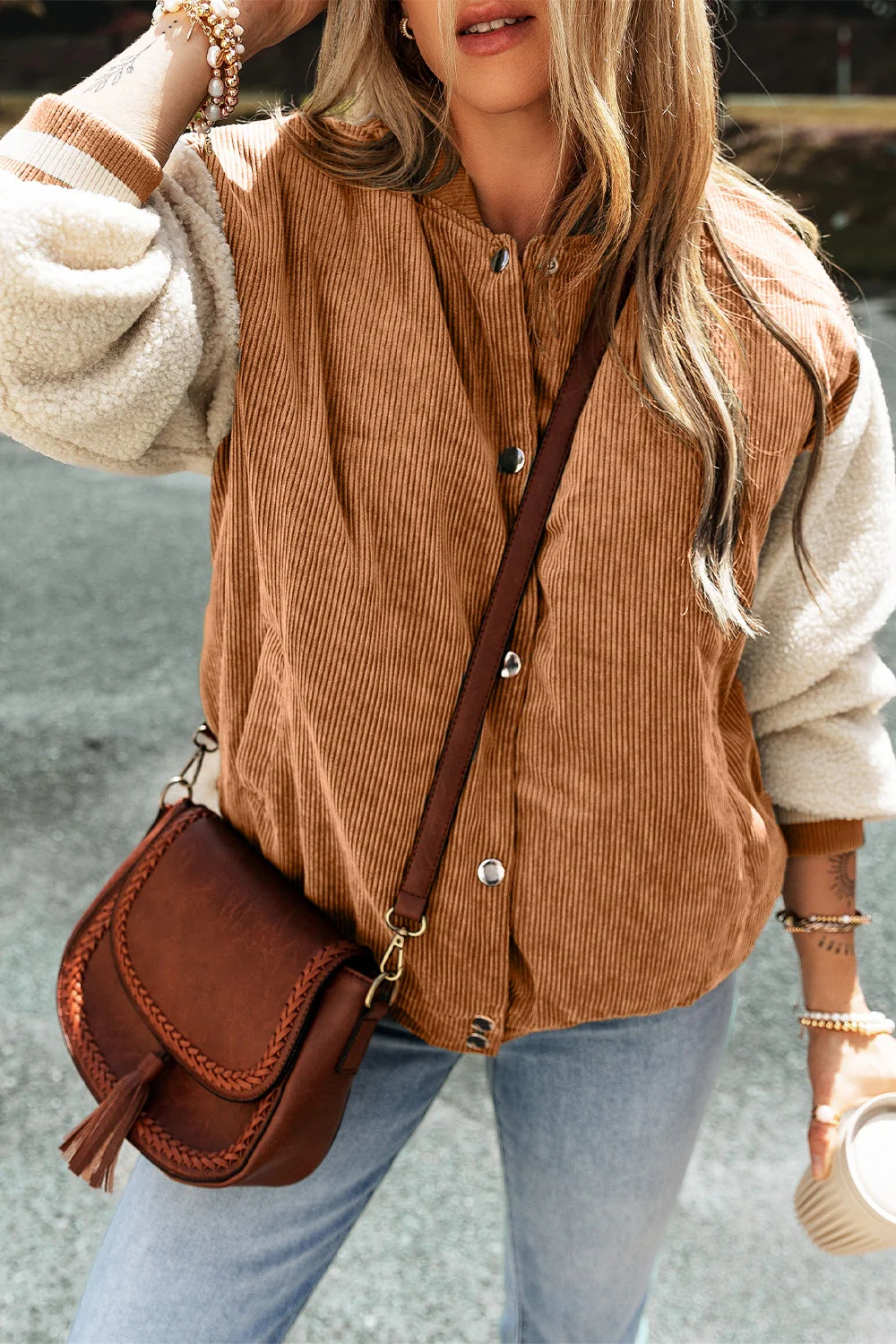 Contrast Baseball Collar Snap Down Long Sleeve Jacket - Image 10