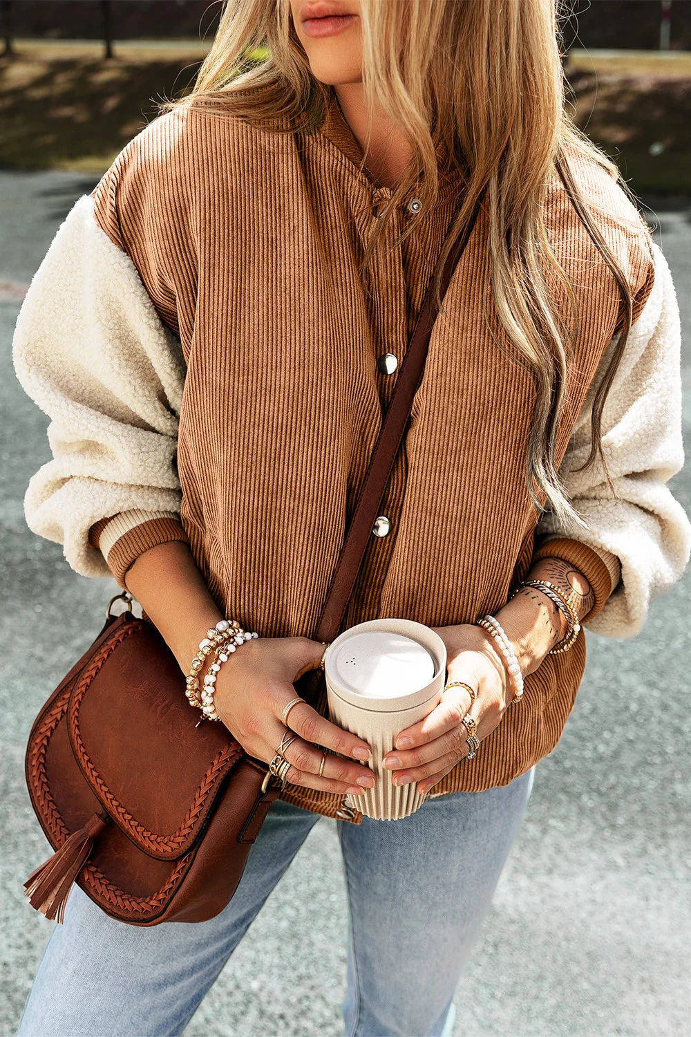 Contrast Baseball Collar Snap Down Long Sleeve Jacket - Image 11