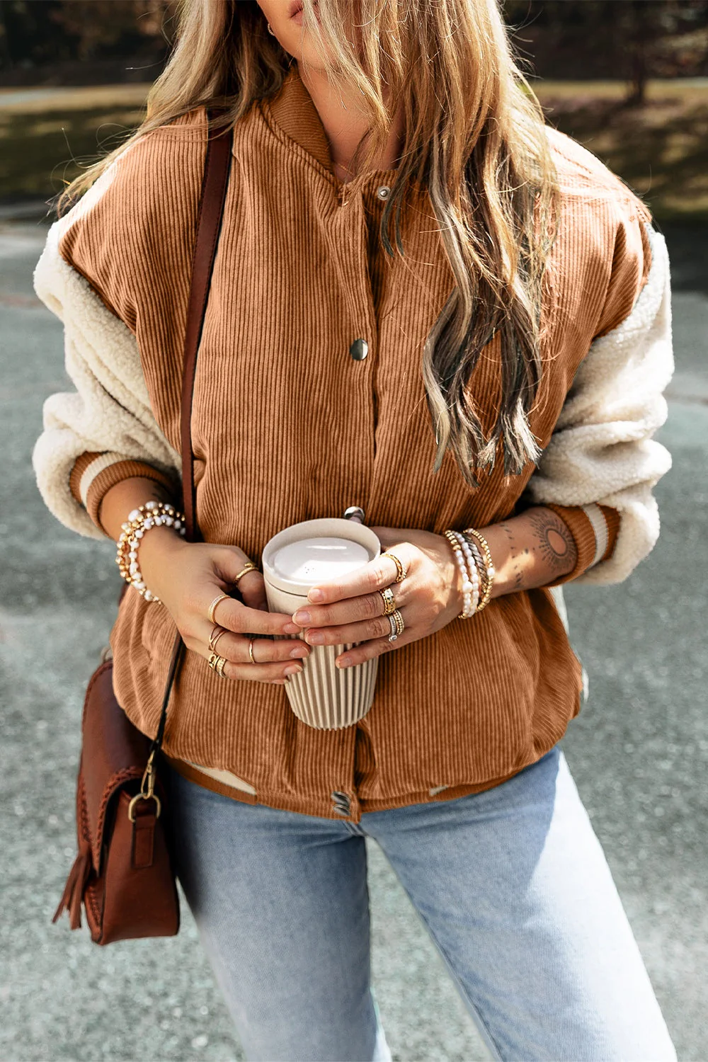 Contrast Baseball Collar Snap Down Long Sleeve Jacket - Image 14