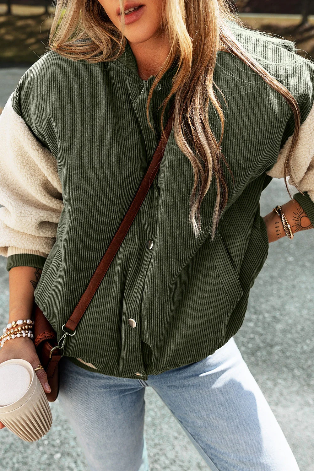 Contrast Baseball Collar Snap Down Long Sleeve Jacket - Image 2