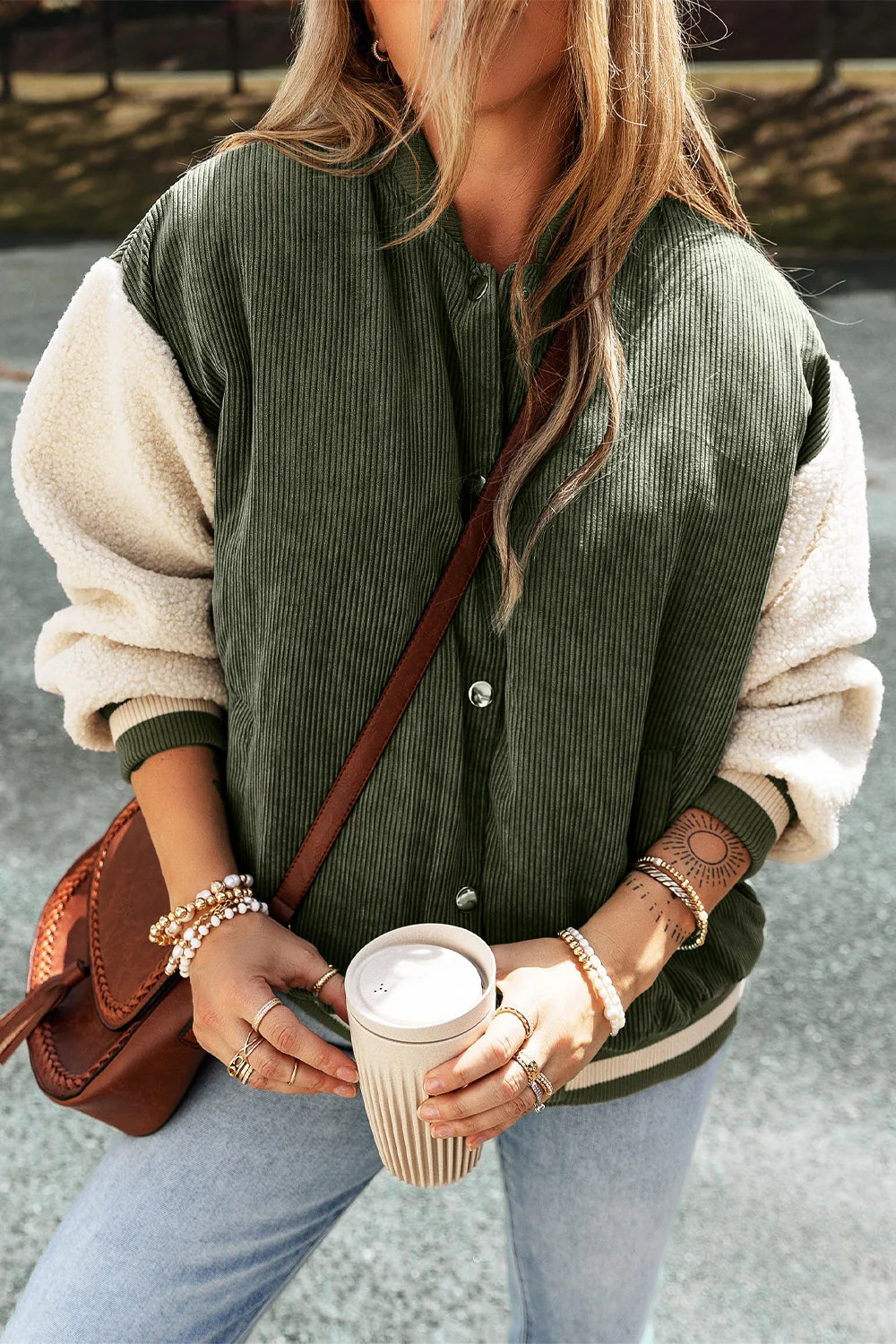 Contrast Baseball Collar Snap Down Long Sleeve Jacket - Image 4