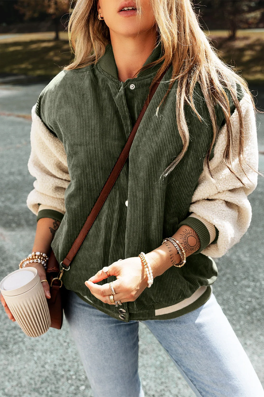 Contrast Baseball Collar Snap Down Long Sleeve Jacket - Image 5