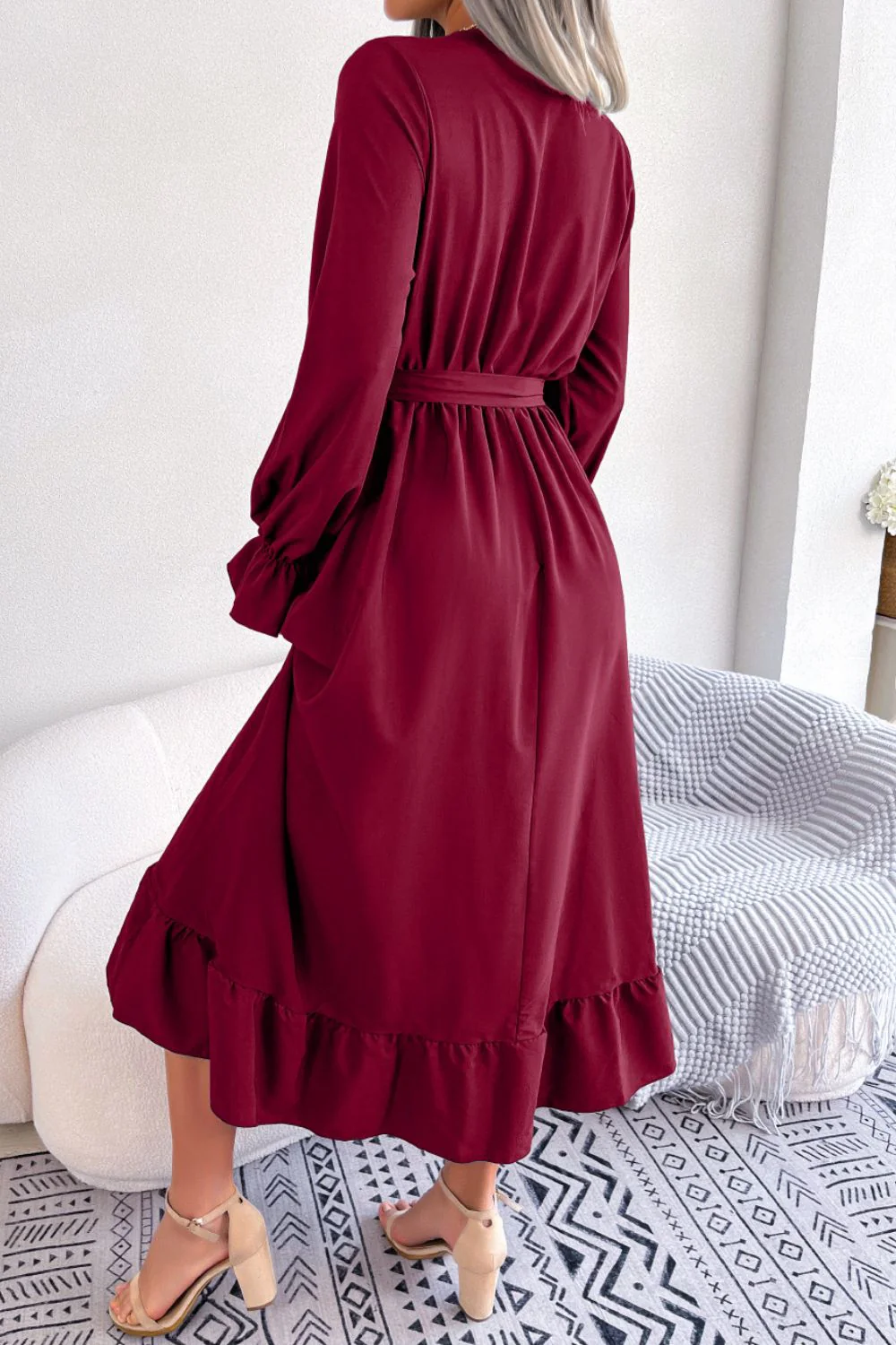 Contrast Belted Flounce Sleeve Dress - Image 2
