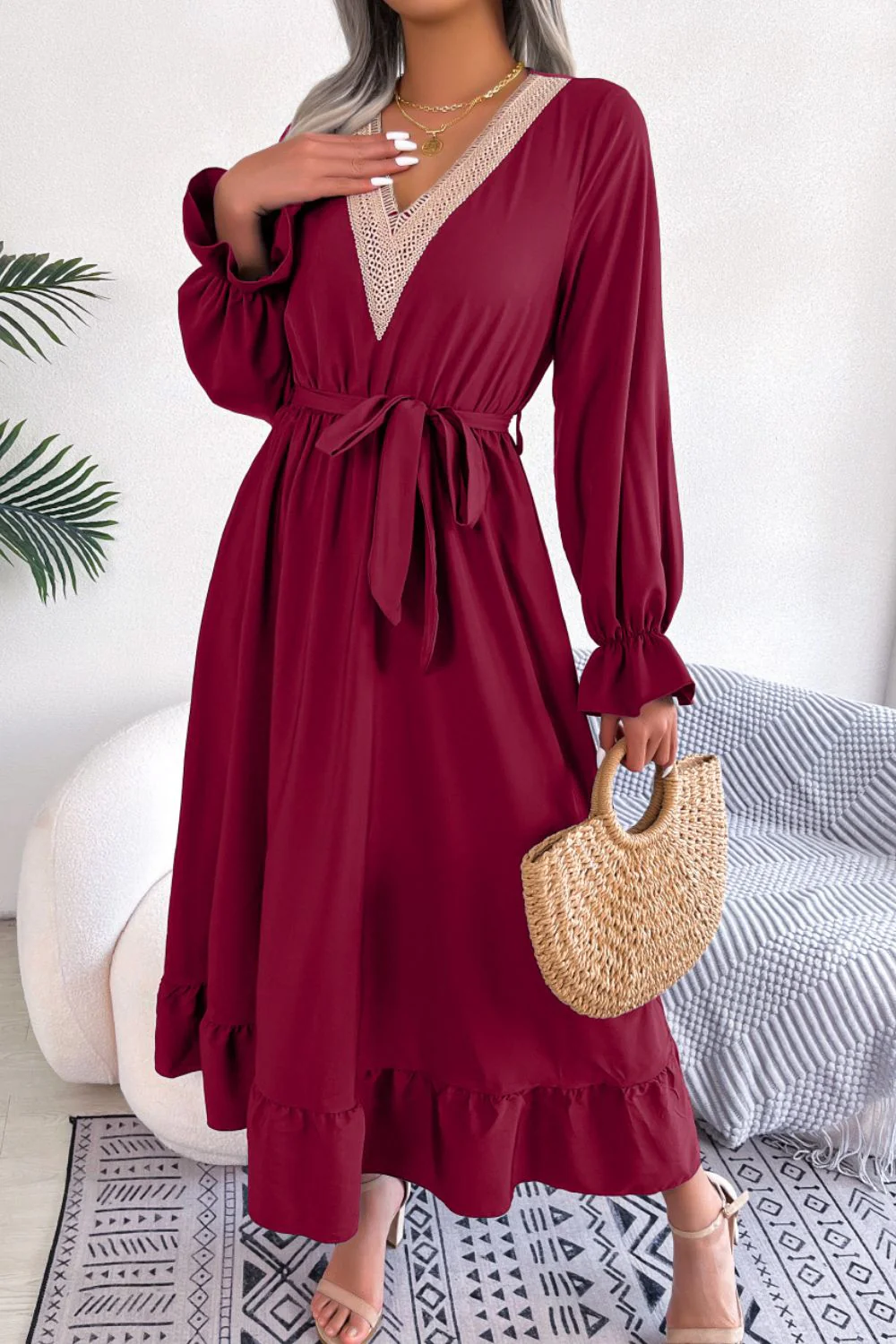 Contrast Belted Flounce Sleeve Dress - Image 3