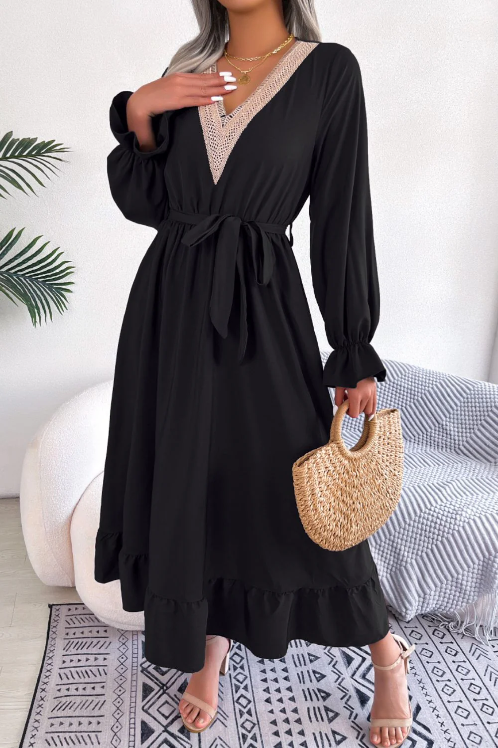 Contrast Belted Flounce Sleeve Dress - Image 7