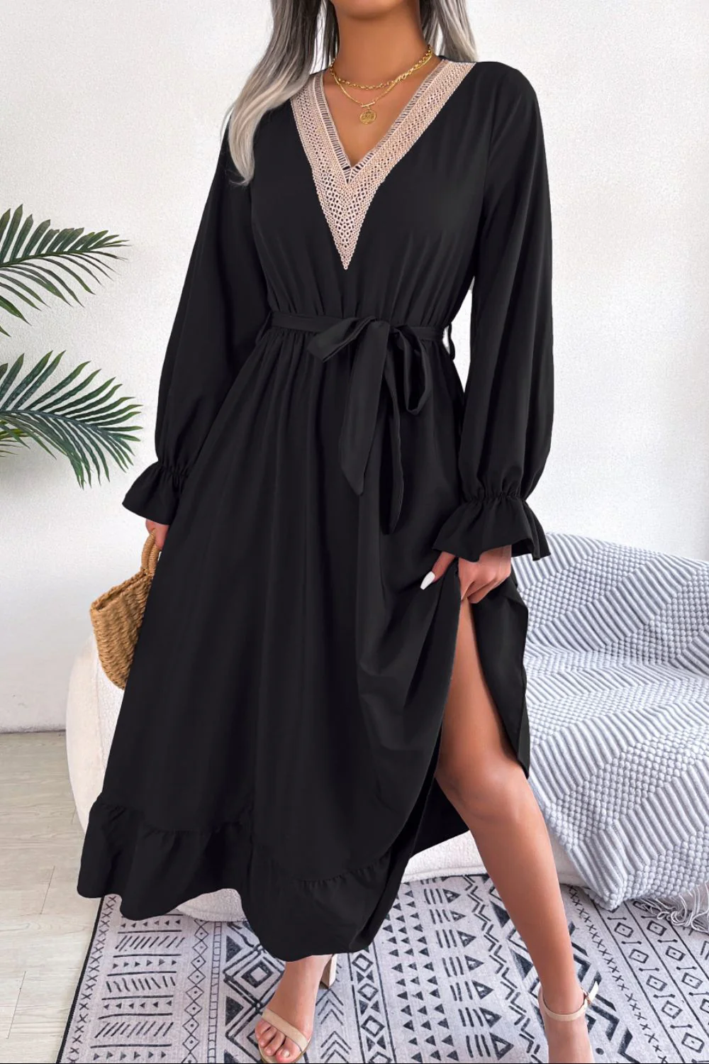 Contrast Belted Flounce Sleeve Dress - Image 8