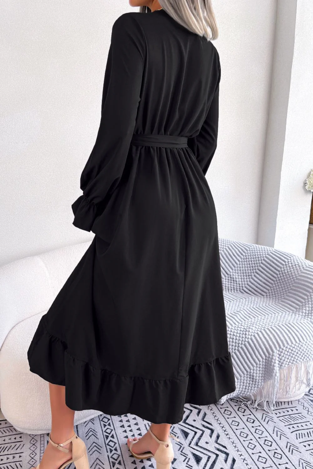 Contrast Belted Flounce Sleeve Dress - Image 9