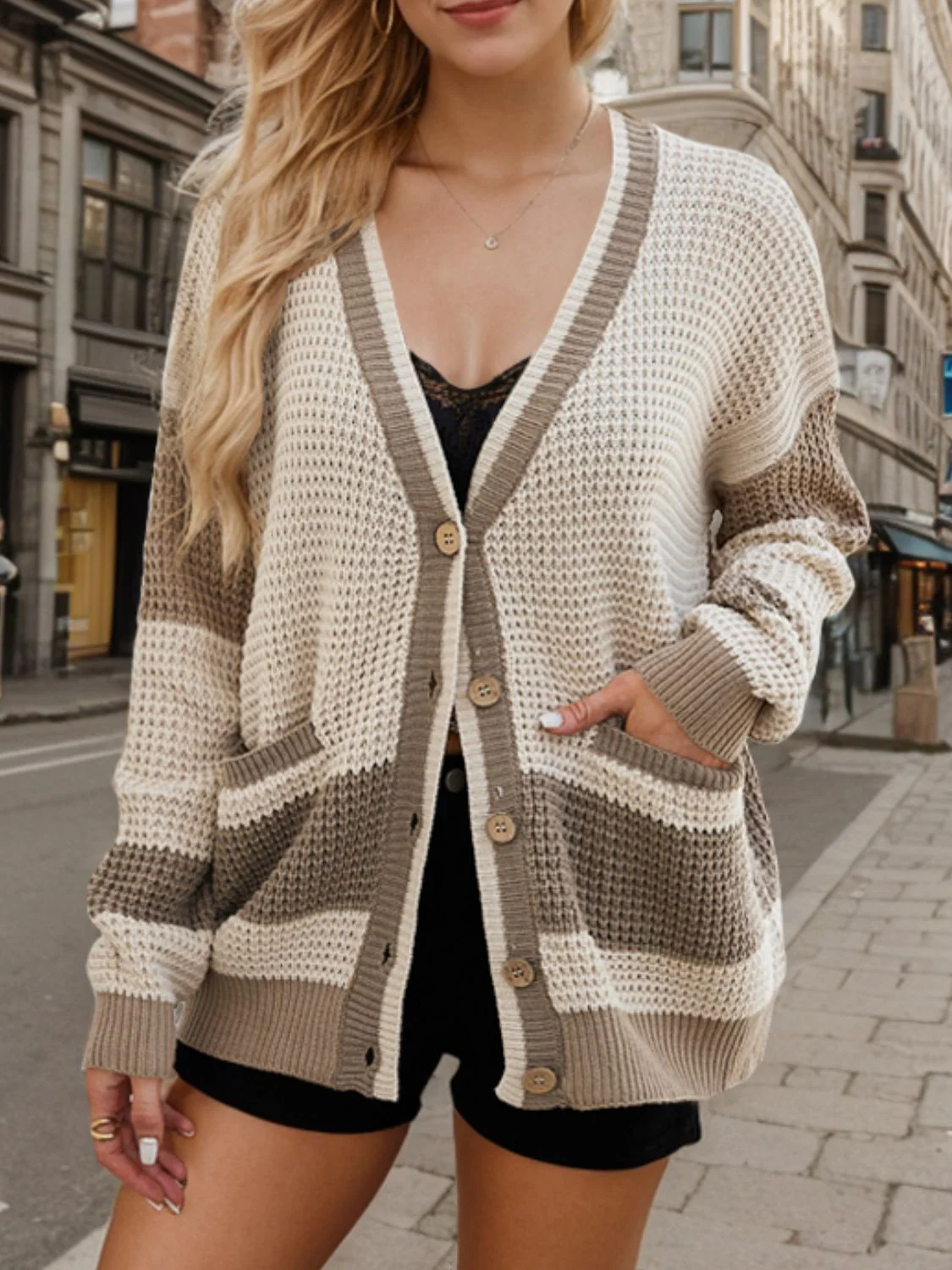 Contrast Button Up Long Sleeve Cardigan - Image 11