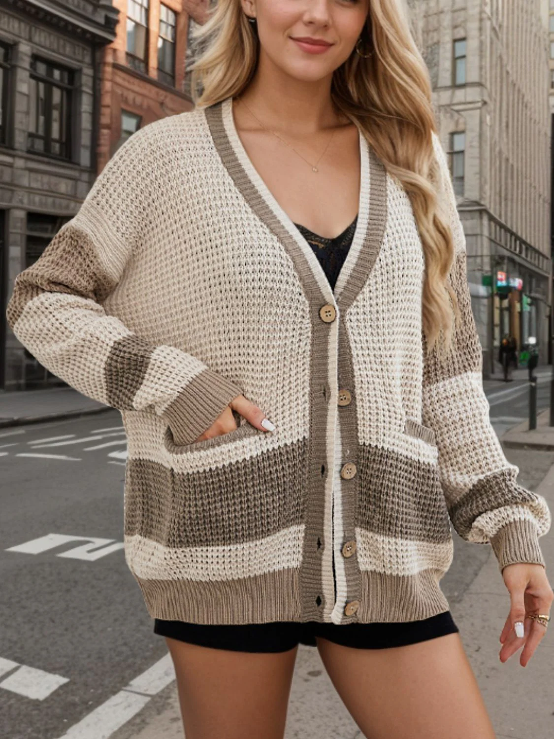 Contrast Button Up Long Sleeve Cardigan - Image 12