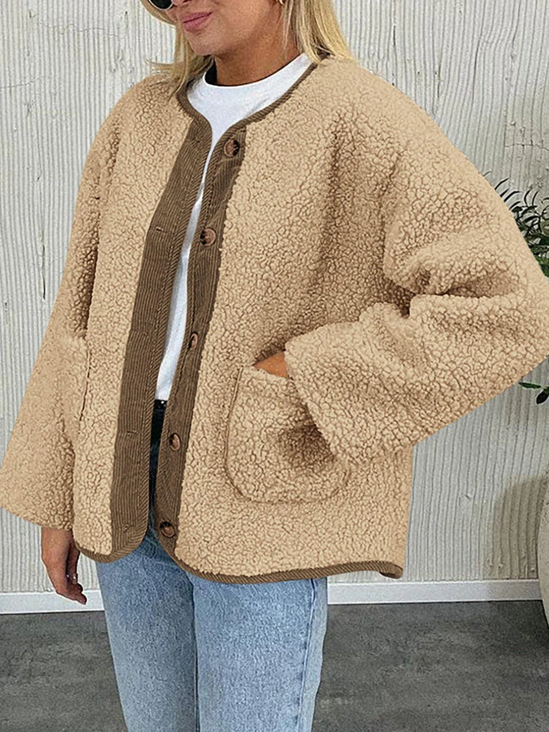 Contrast Button Up Sherpa Jacket with Pockets - Image 10