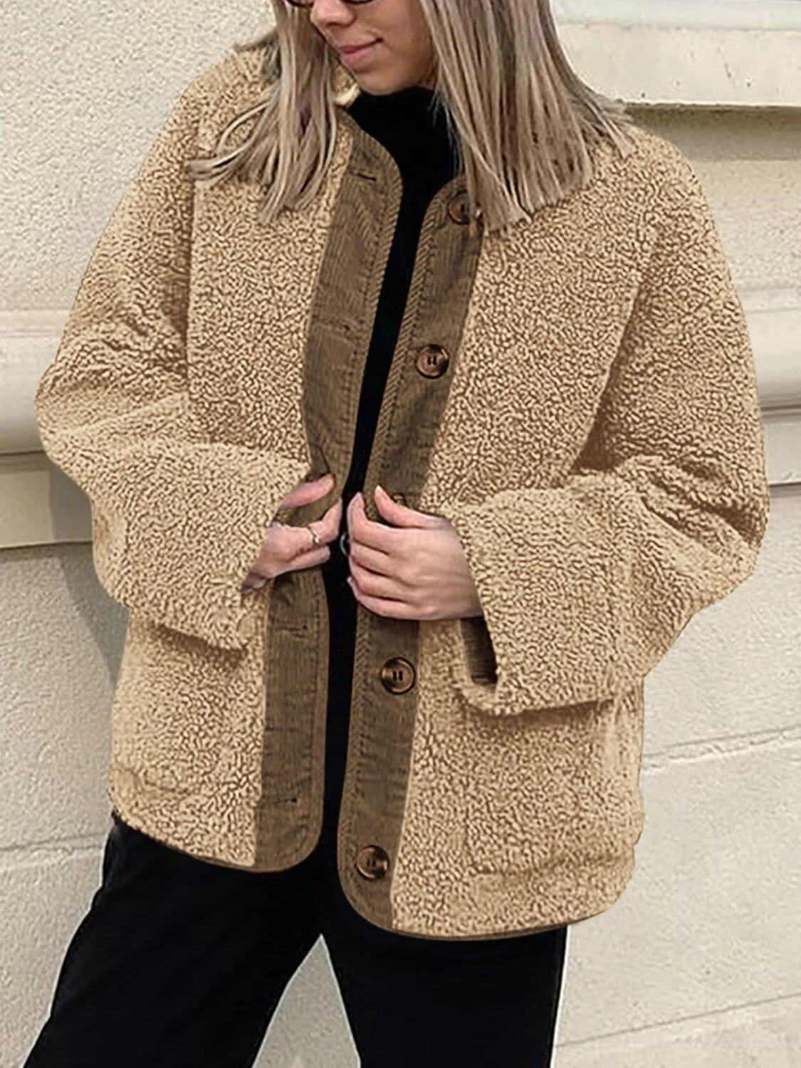 Contrast Button Up Sherpa Jacket with Pockets - Image 11
