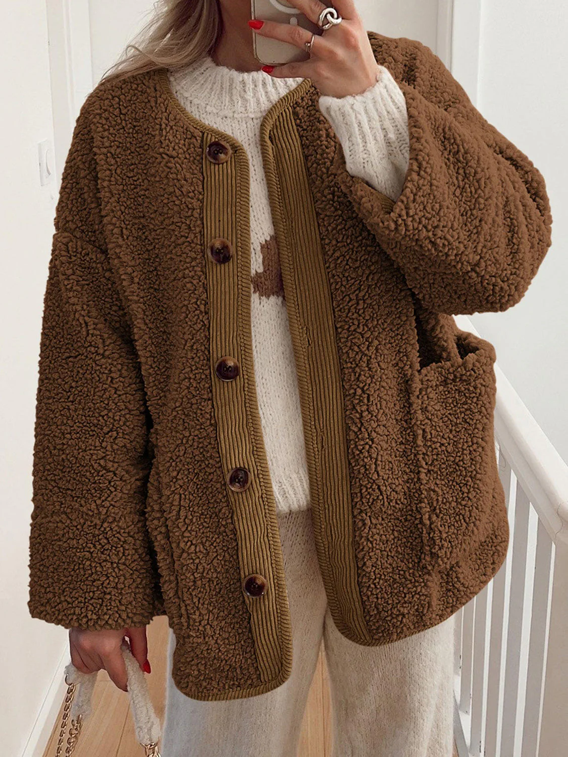 Contrast Button Up Sherpa Jacket with Pockets - Image 13