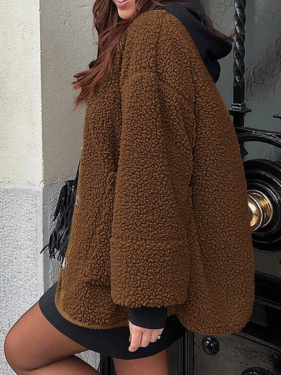 Contrast Button Up Sherpa Jacket with Pockets - Image 15