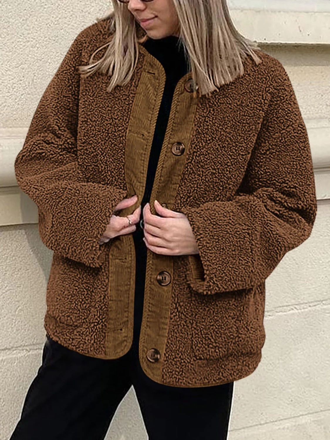 Contrast Button Up Sherpa Jacket with Pockets - Image 16