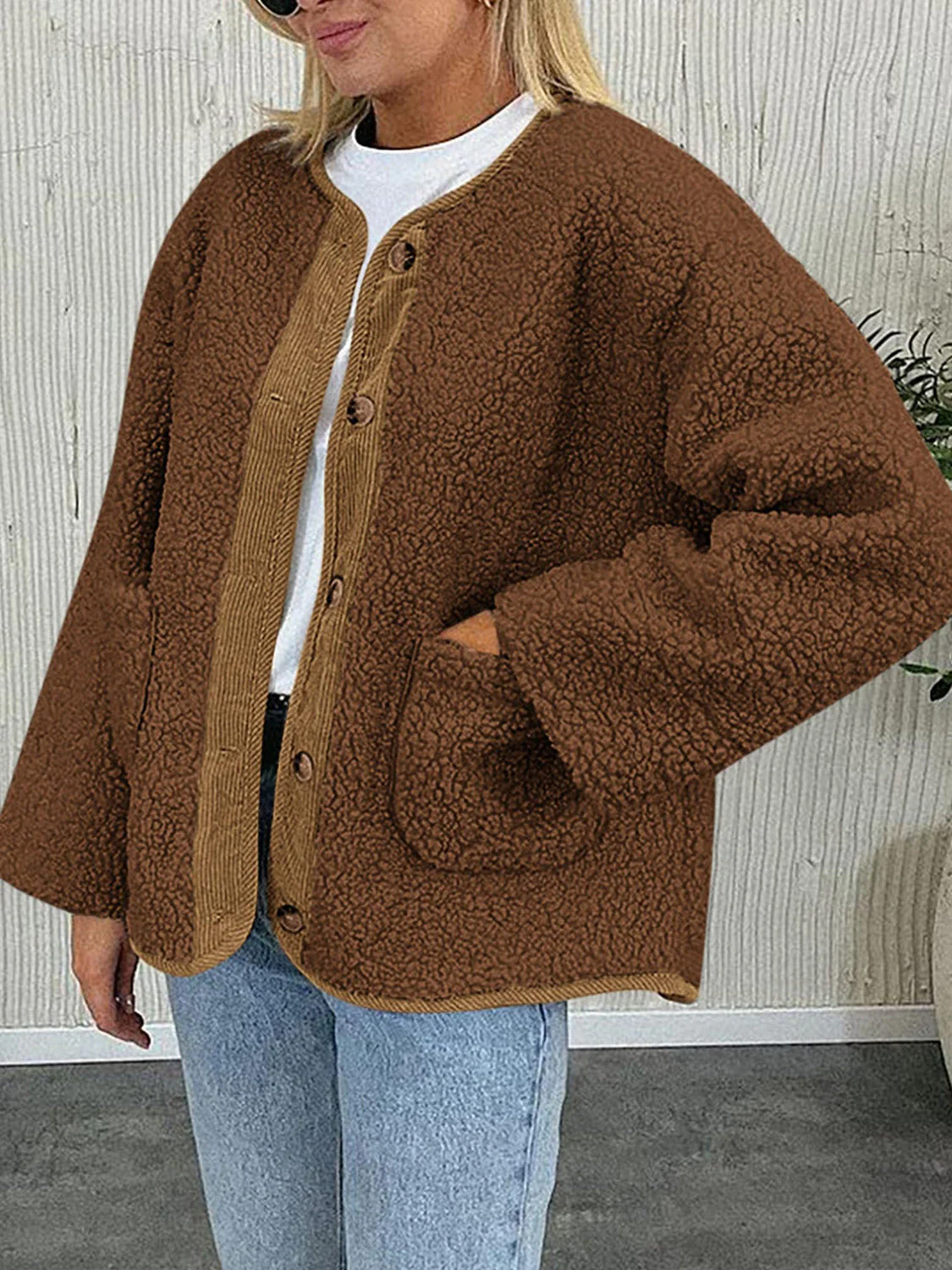 Contrast Button Up Sherpa Jacket with Pockets - Image 17
