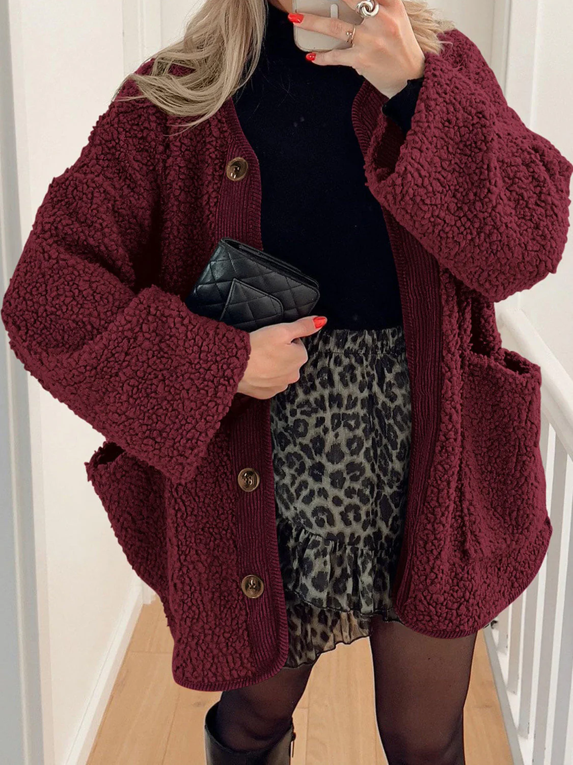 Contrast Button Up Sherpa Jacket with Pockets - Image 18