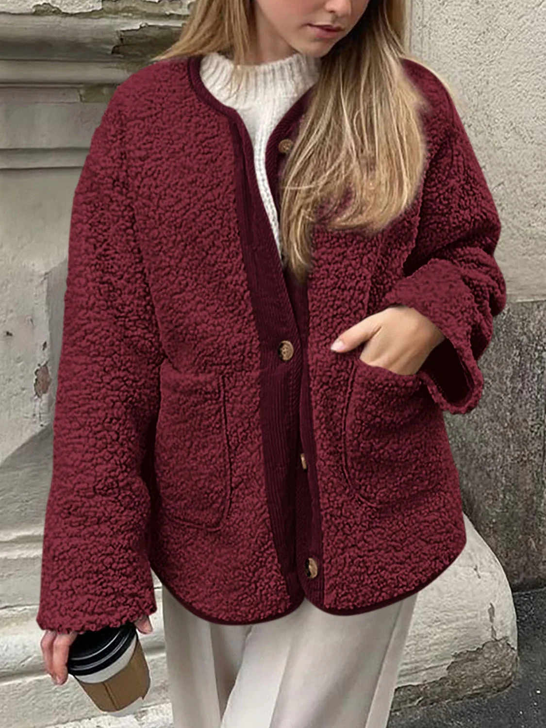 Contrast Button Up Sherpa Jacket with Pockets - Image 19