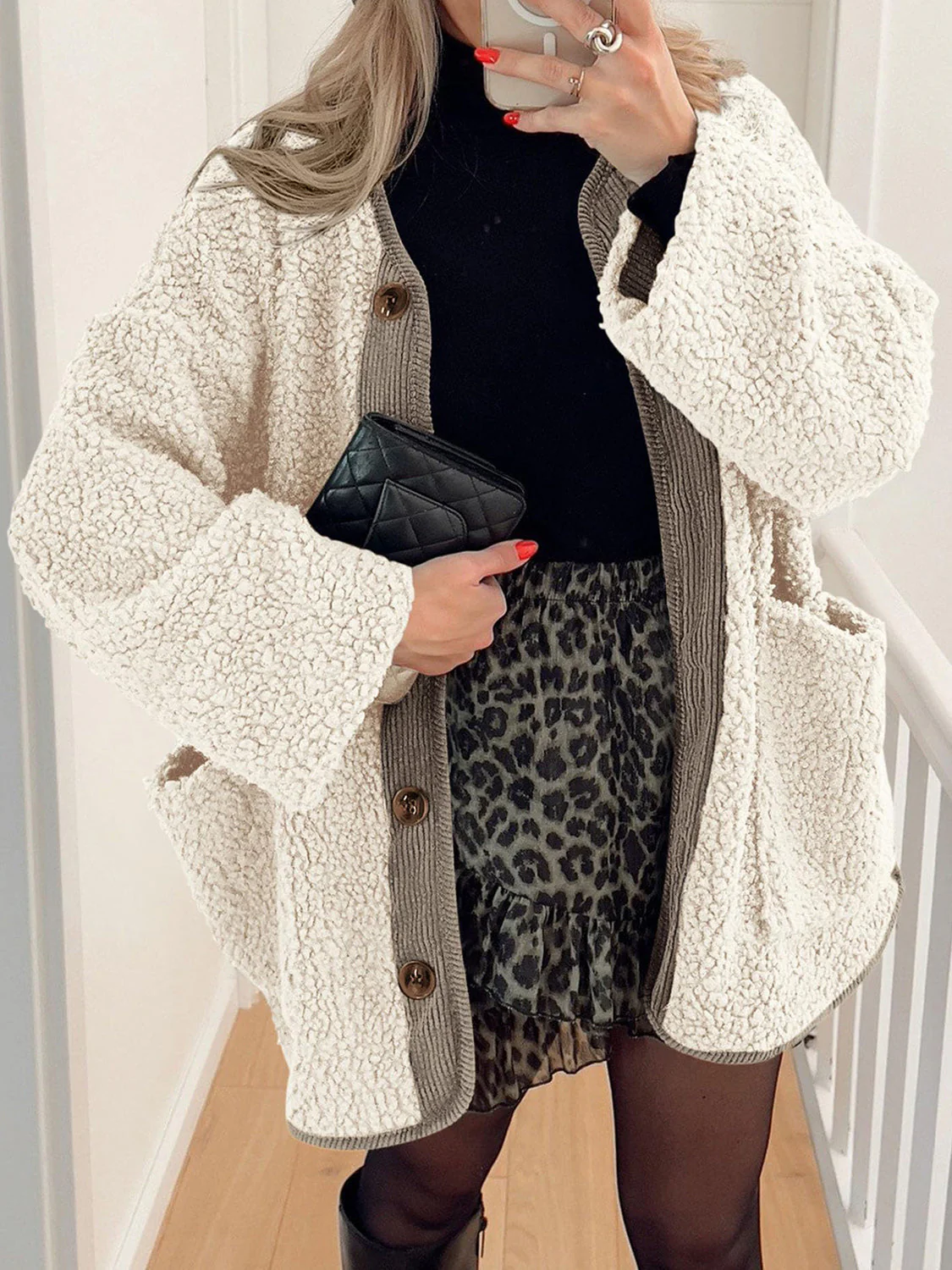 Contrast Button Up Sherpa Jacket with Pockets - Image 2