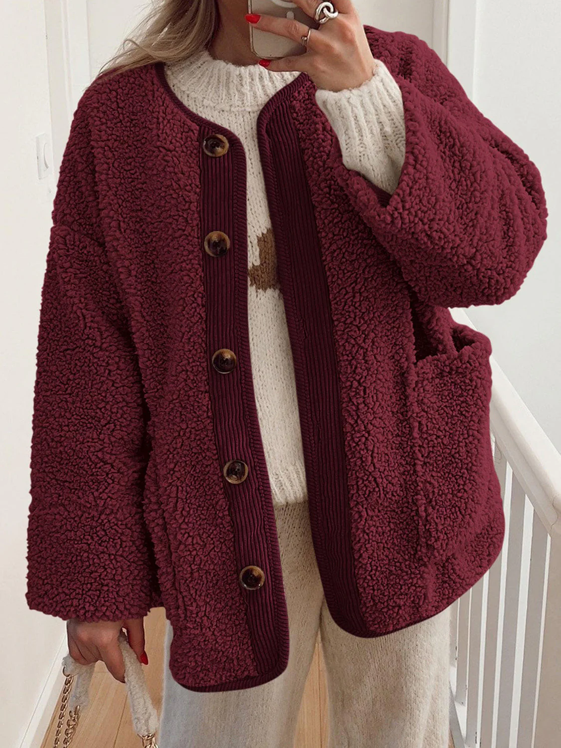 Contrast Button Up Sherpa Jacket with Pockets - Image 20