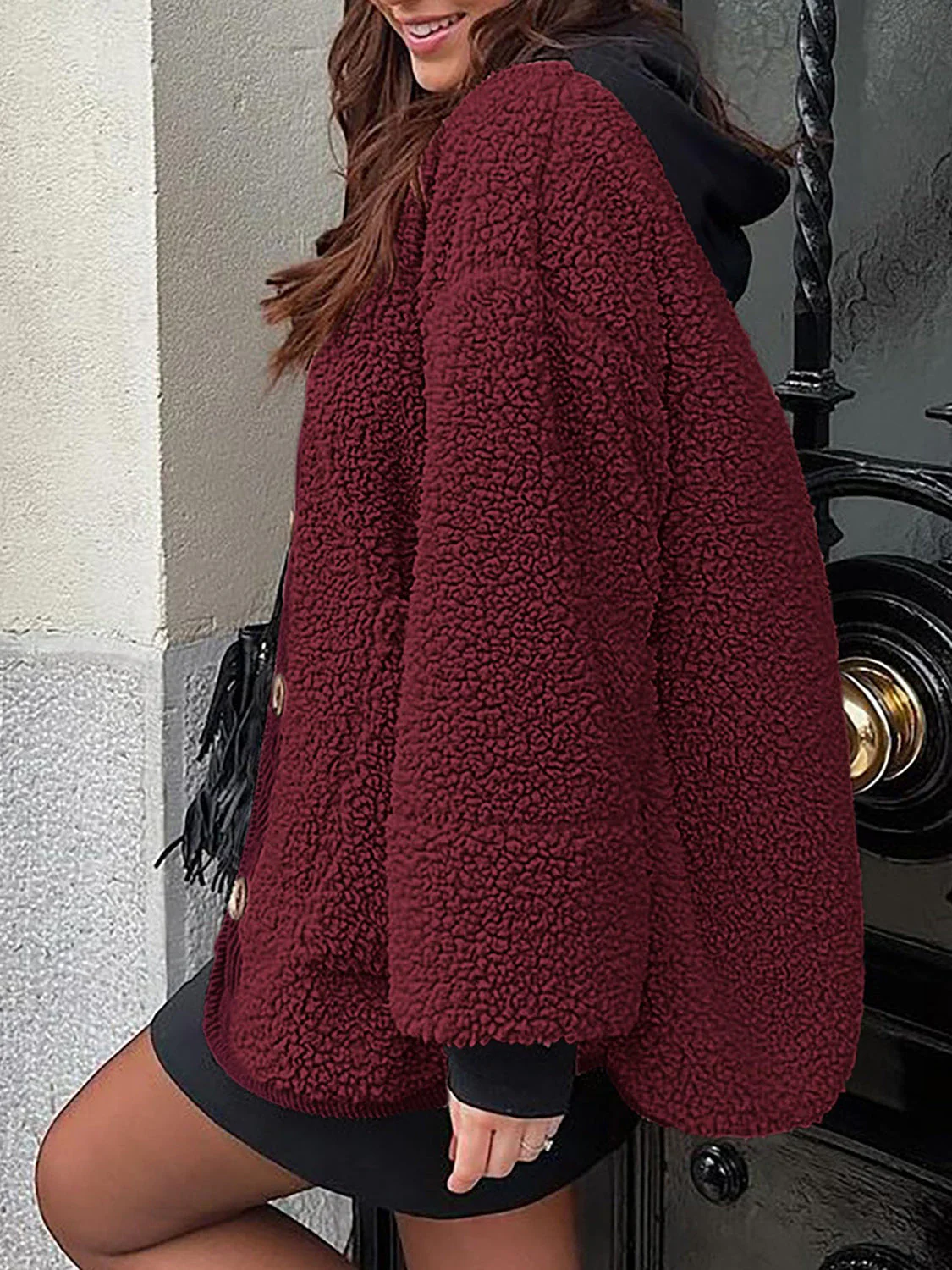 Contrast Button Up Sherpa Jacket with Pockets - Image 21