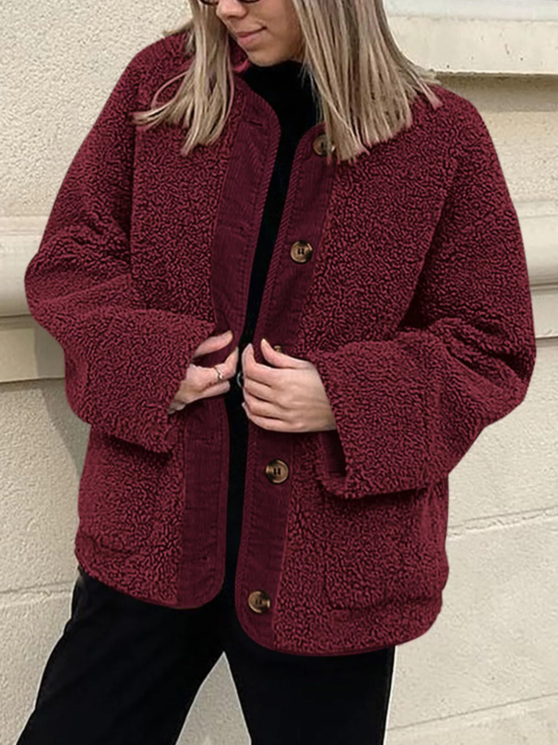 Contrast Button Up Sherpa Jacket with Pockets - Image 22