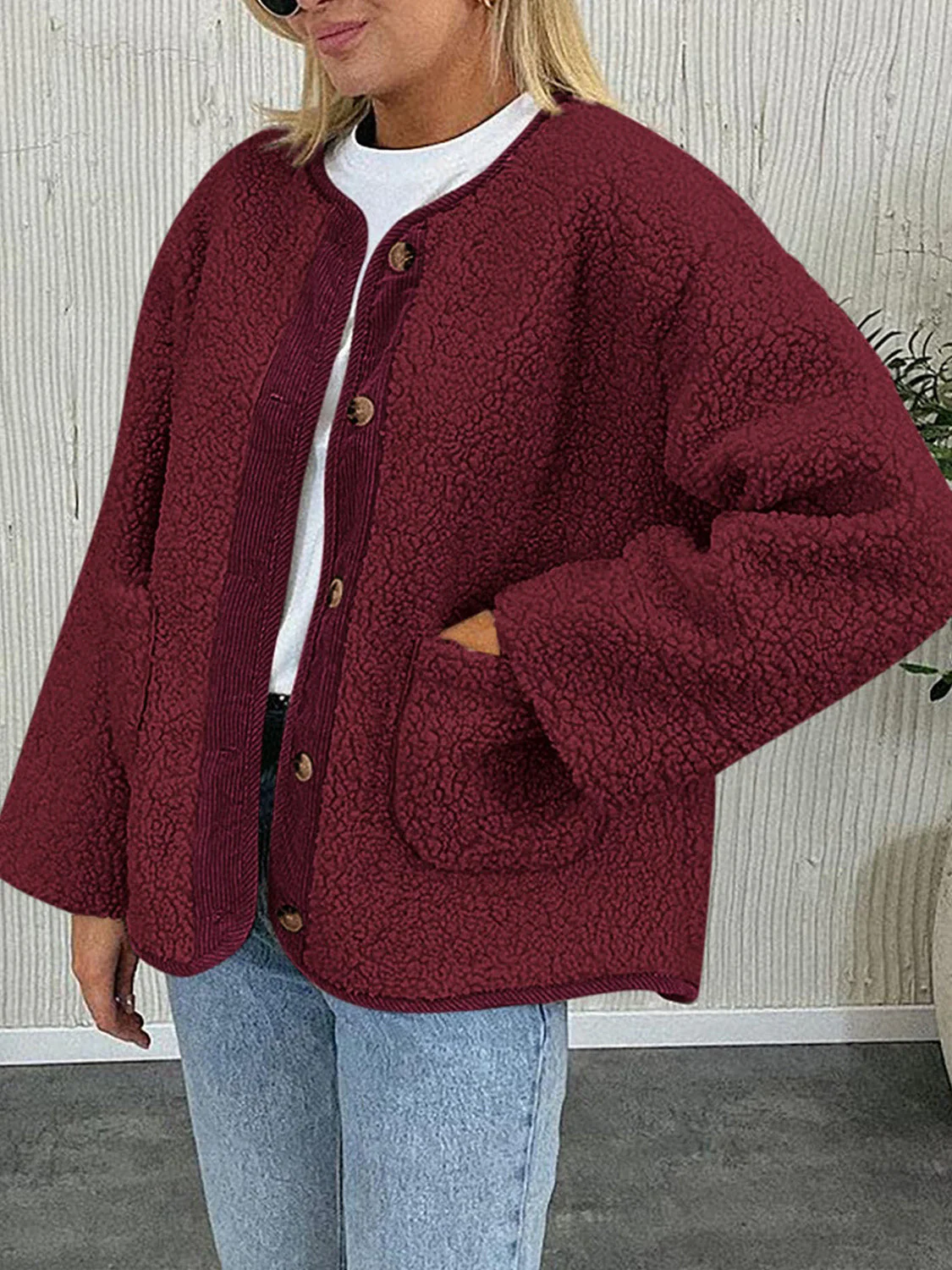 Contrast Button Up Sherpa Jacket with Pockets - Image 23