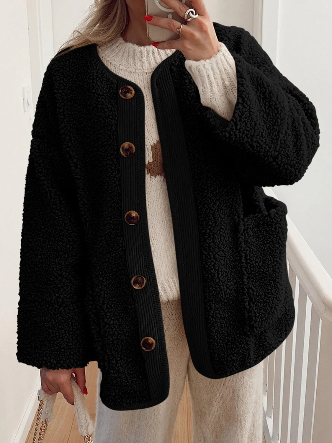 Contrast Button Up Sherpa Jacket with Pockets - Image 24