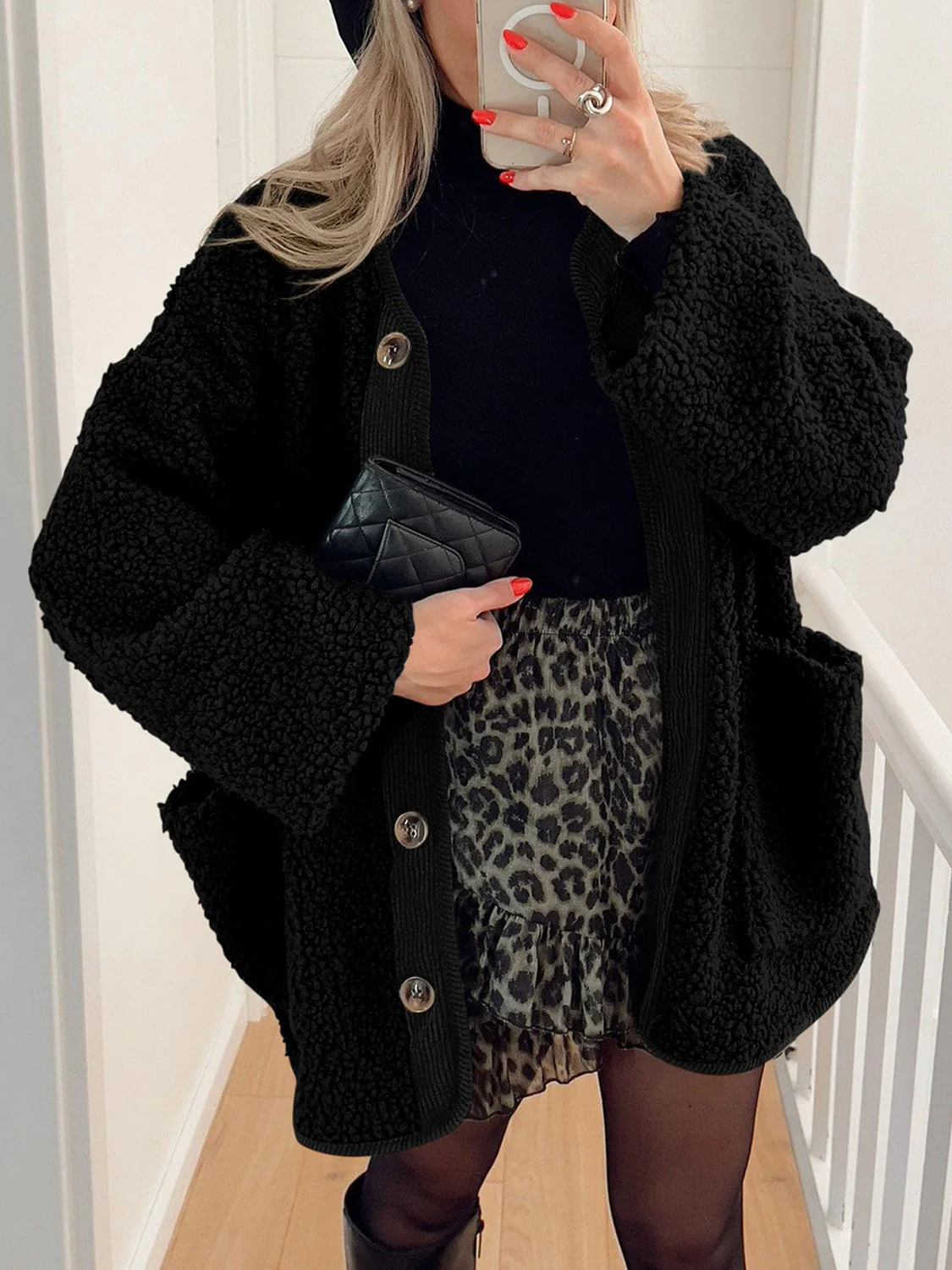 Contrast Button Up Sherpa Jacket with Pockets - Image 25