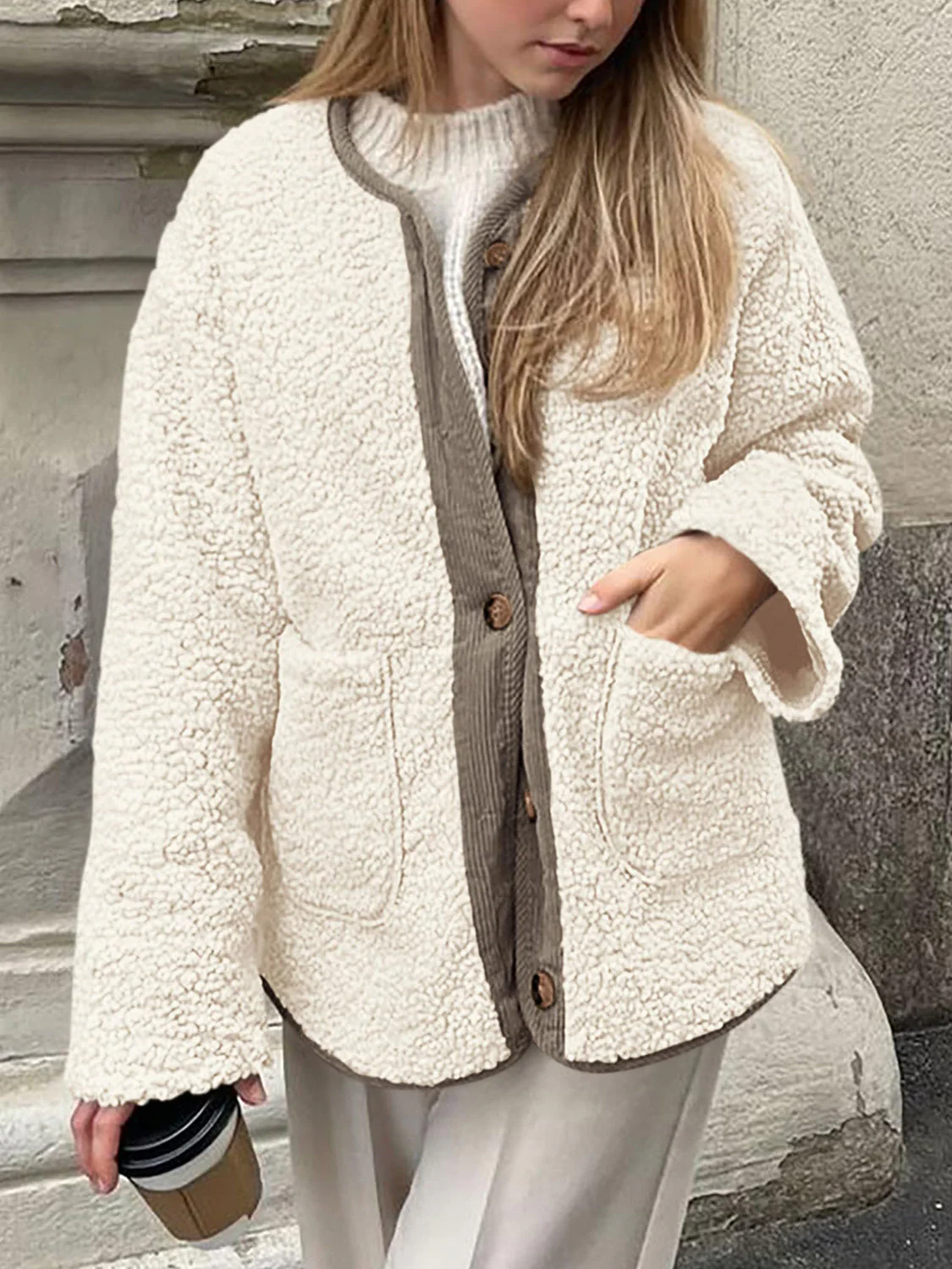 Contrast Button Up Sherpa Jacket with Pockets - Image 3