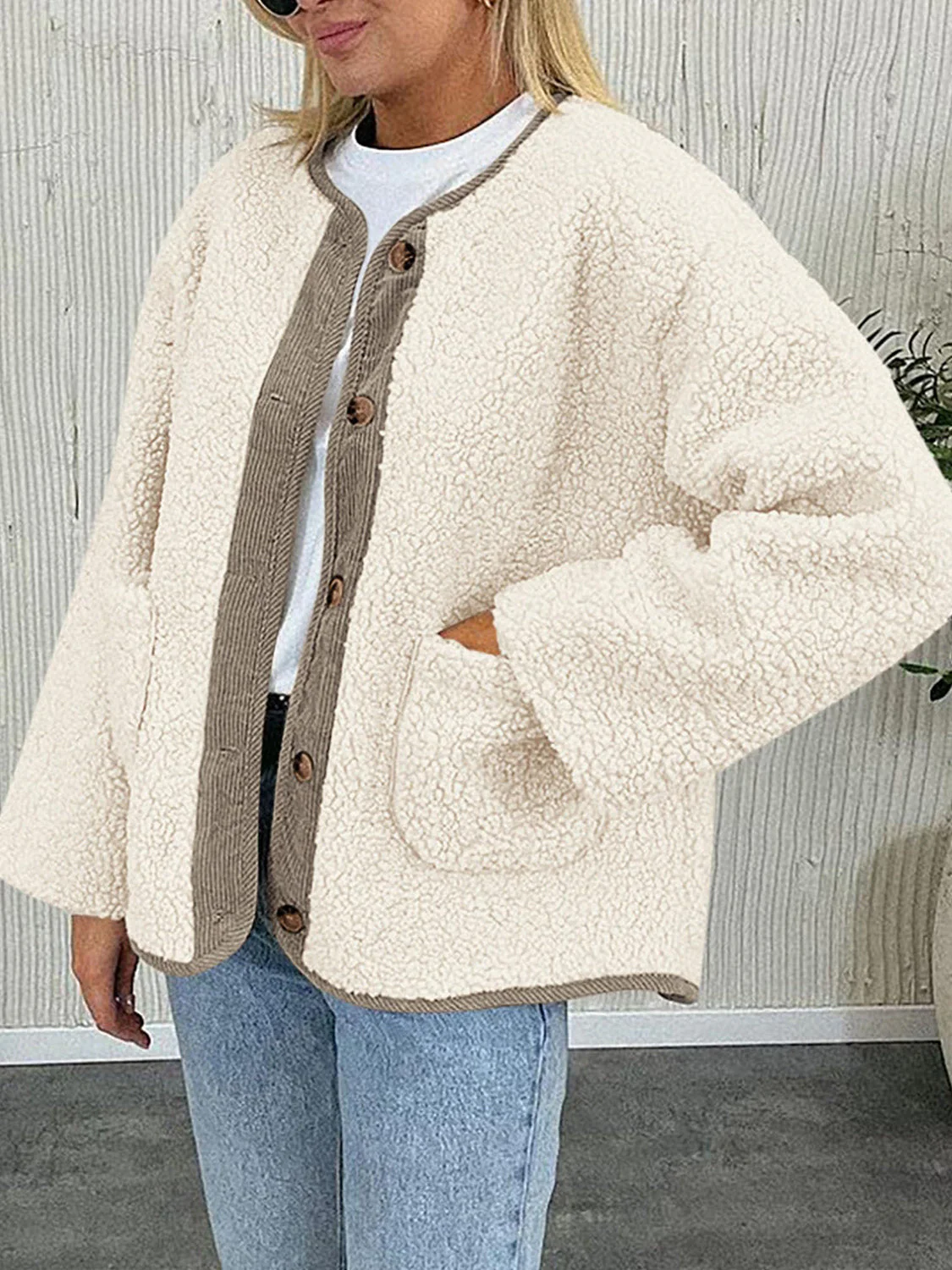 Contrast Button Up Sherpa Jacket with Pockets - Image 4