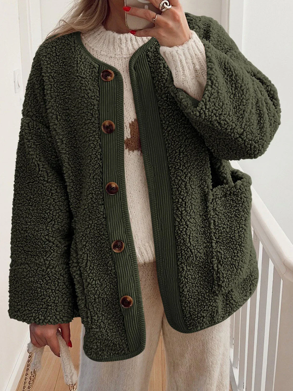 Contrast Button Up Sherpa Jacket with Pockets - Image 5