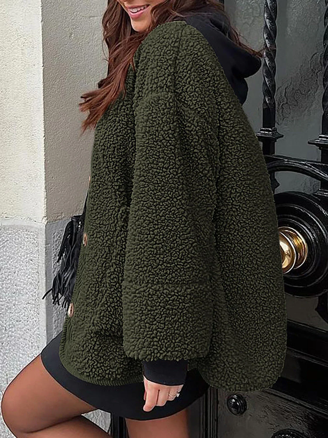 Contrast Button Up Sherpa Jacket with Pockets - Image 6