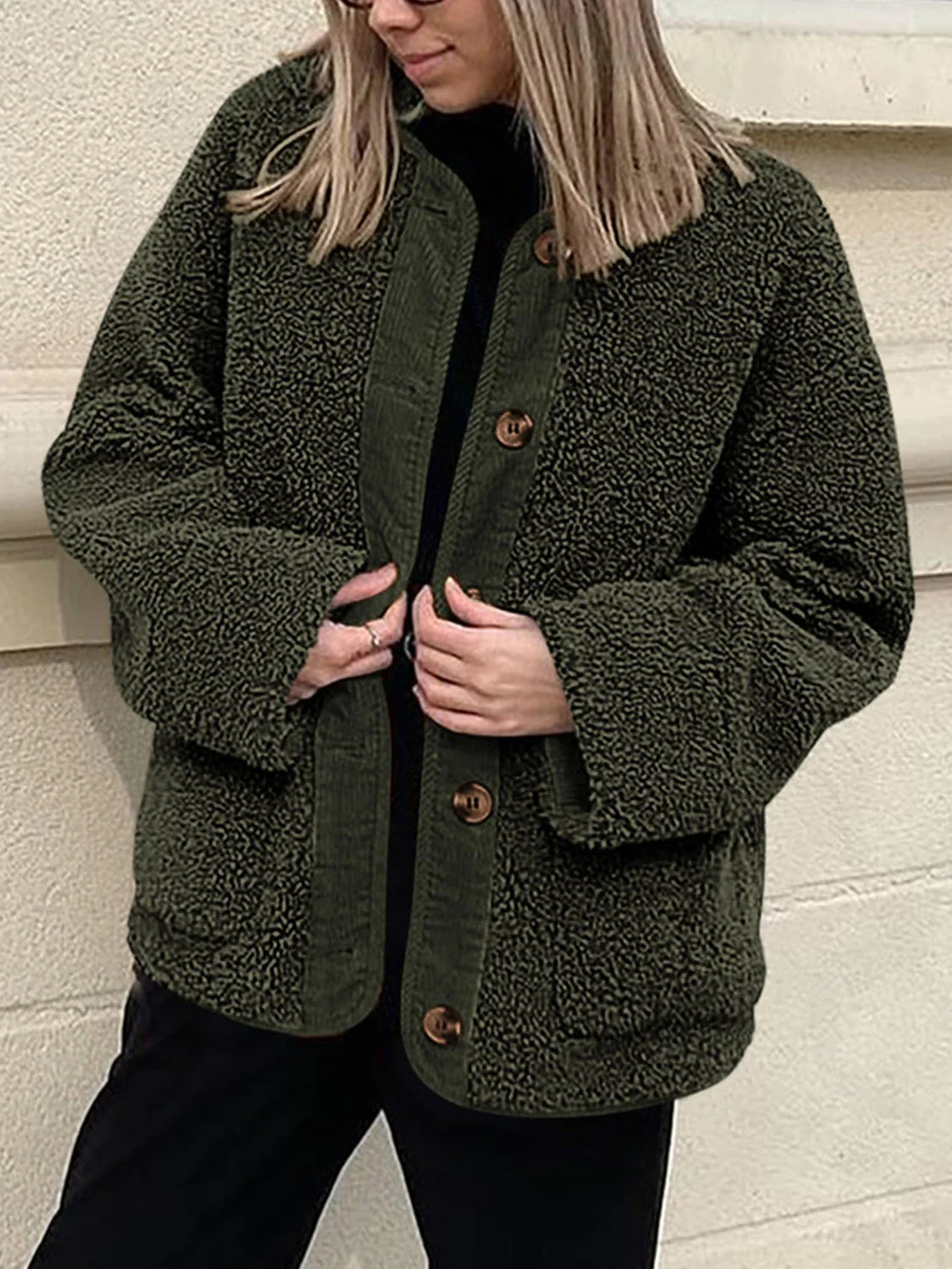 Contrast Button Up Sherpa Jacket with Pockets - Image 7