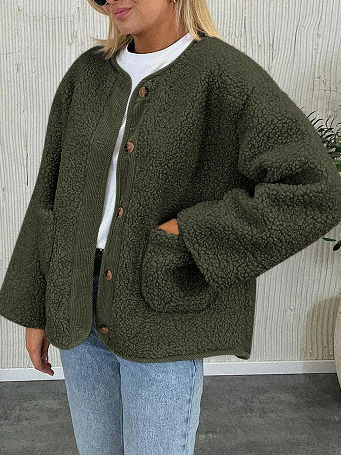 Contrast Button Up Sherpa Jacket with Pockets - Image 8